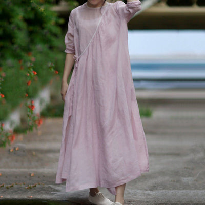 BABAKUD Solid Casual Linen Simple Breathable Long Sleeve Dress 2019 August New One Size Pink 
