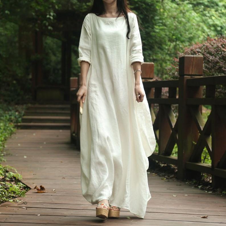 Babakud Solid Cocoon Ruched Rich Linen Maxi Dress