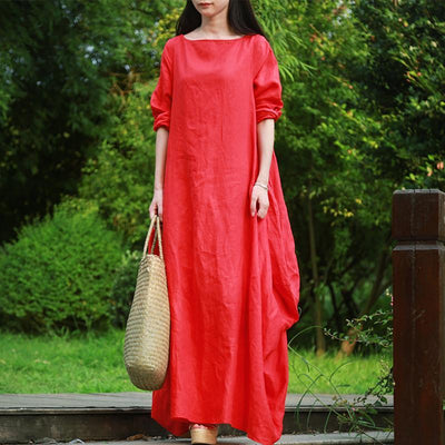 Babakud Solid Cocoon Ruched Rich Linen Maxi Dress 2019 Jun New One Size Red 