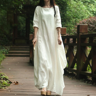 Babakud Solid Cocoon Ruched Rich Linen Maxi Dress 2019 Jun New One Size White 