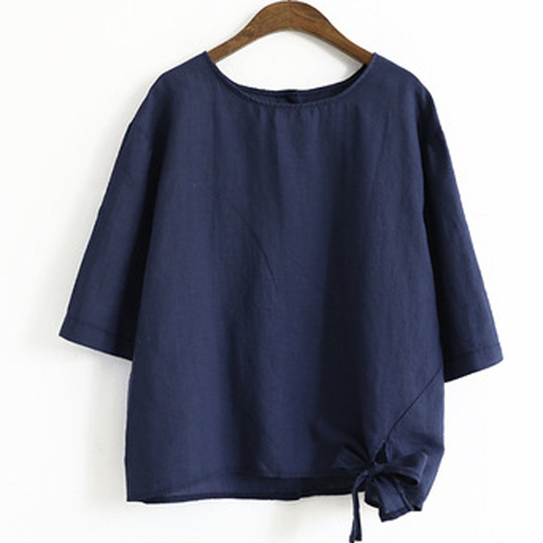 Babakud Solid Cotton Linen Front Knot Casual Blouse 2019 July New One Size Navy Blue 