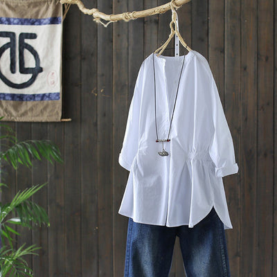 Babakud Solid Gathered Waist Casual Stand Collar Shirt