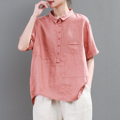Babakud Solid Lapel Pocket Button Front Linen Shirt