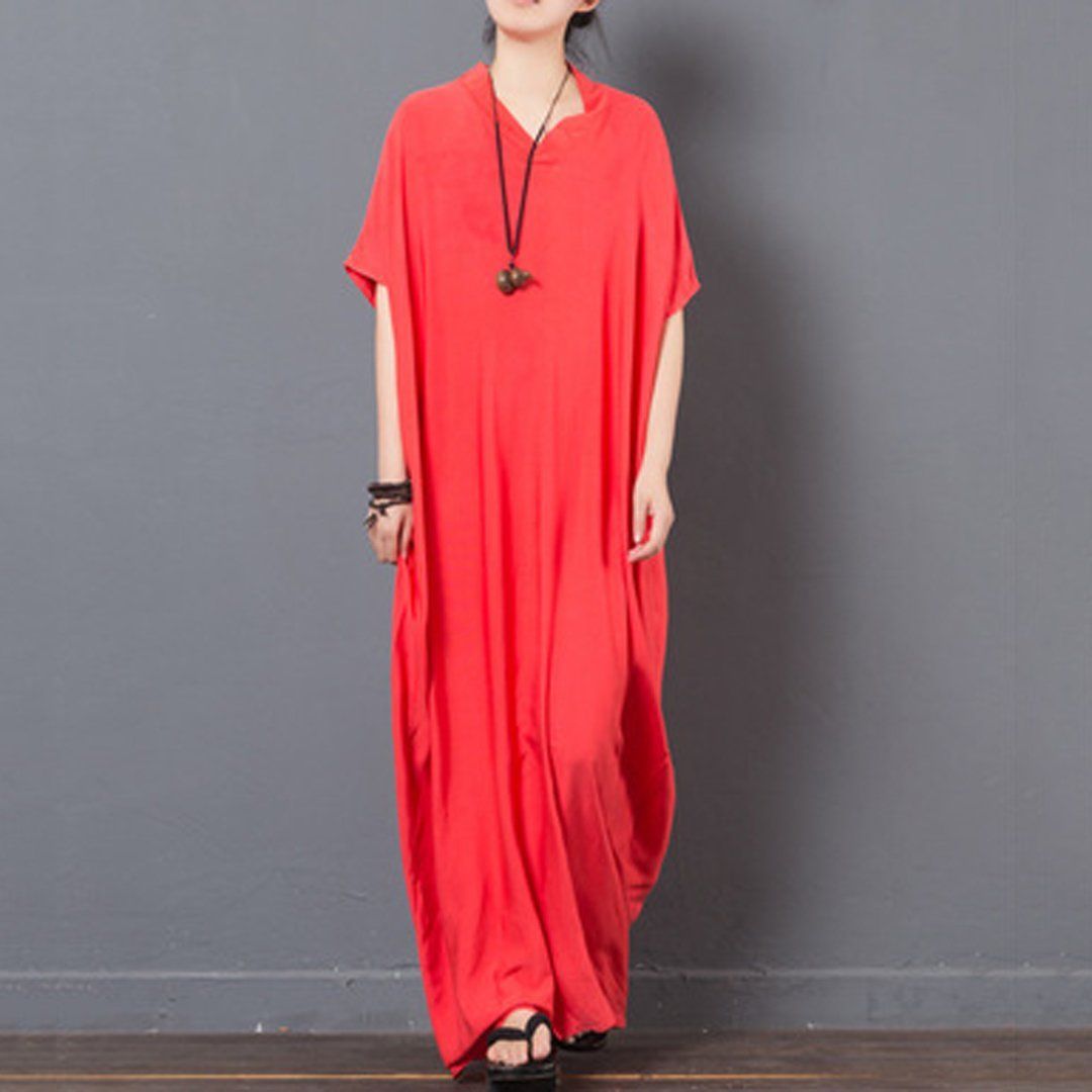Babakud Solid V-Neck Casual Maxi Dress 2019 July New One Size Red 