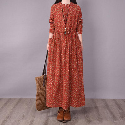 BABAKUD Spring Floral Irregular Stitching Pure Linen Long Sleeve Dress Jan 2021-New Arrival 