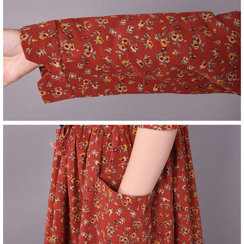 BABAKUD Spring Floral Irregular Stitching Pure Linen Long Sleeve Dress