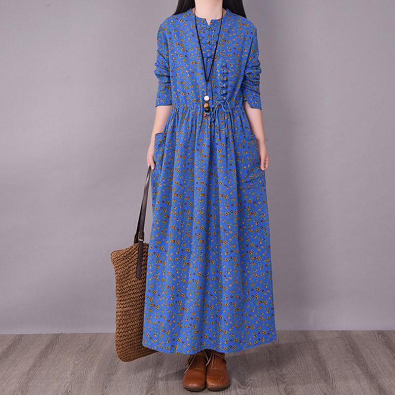 BABAKUD Spring Floral Irregular Stitching Pure Linen Long Sleeve Dress Jan 2021-New Arrival One Size Blue 