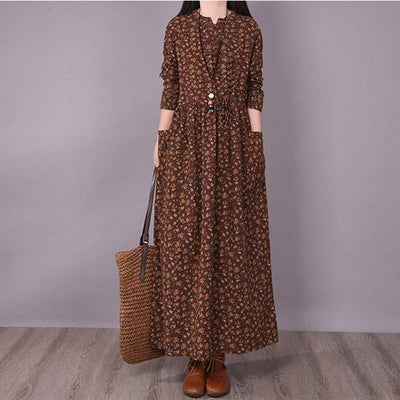 BABAKUD Spring Floral Irregular Stitching Pure Linen Long Sleeve Dress Jan 2021-New Arrival One Size Coffee 