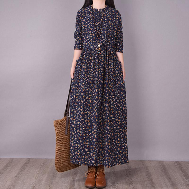 BABAKUD Spring Floral Irregular Stitching Pure Linen Long Sleeve Dress Jan 2021-New Arrival One Size Navy 