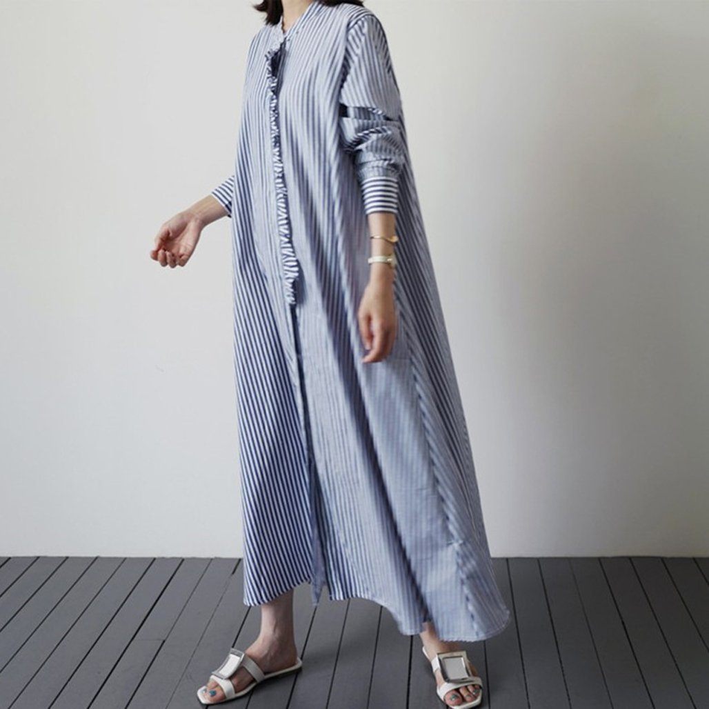 BABAKUD Striped Casual Leisure Long-Sleeved Women's Shirt Dress 2019 October New S Blue 