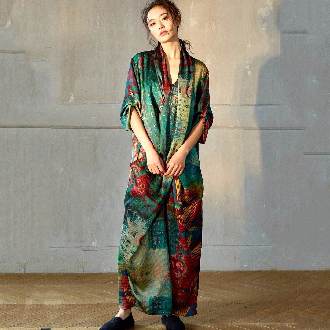 BABAKUD Summer Comfortable Loose Vintage Fashion Silk Dress 2019 August New One Size Green 