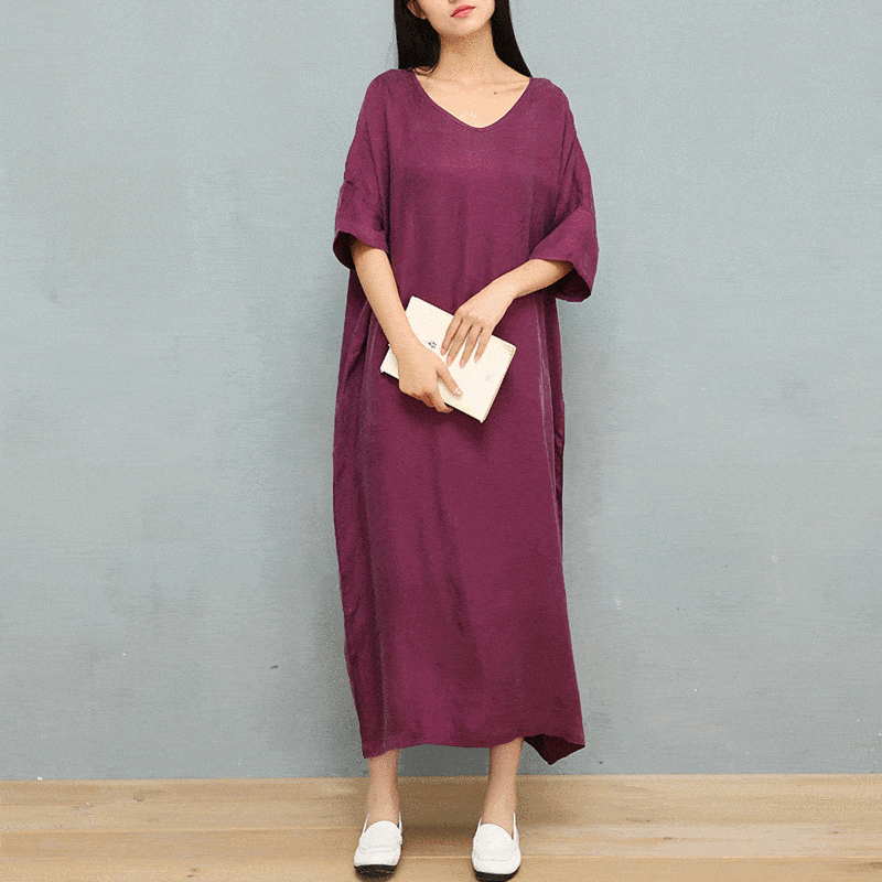 BABAKUD Summer Copper V-Neck Drop Shoulder Robes Silk Dress 2019 August New One Size Purple Red 