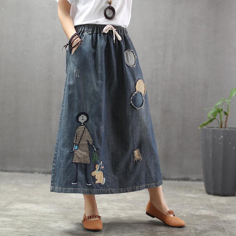 Summer Thin Cartoon Embroidered Patch Swing Denim Skirt | Babakud