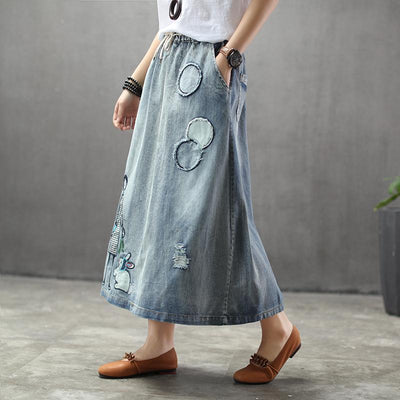 Summer Thin Cartoon Embroidered Patch Swing Denim Skirt | Babakud