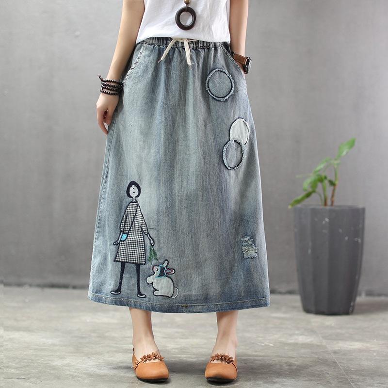 BABAKUD Summer Thin Cartoon Embroidered Patch Swing Denim Skirt 2019 August New 