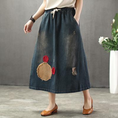 BABAKUD Summer Thin Cartoon Embroidered Patch Swing Denim Skirt