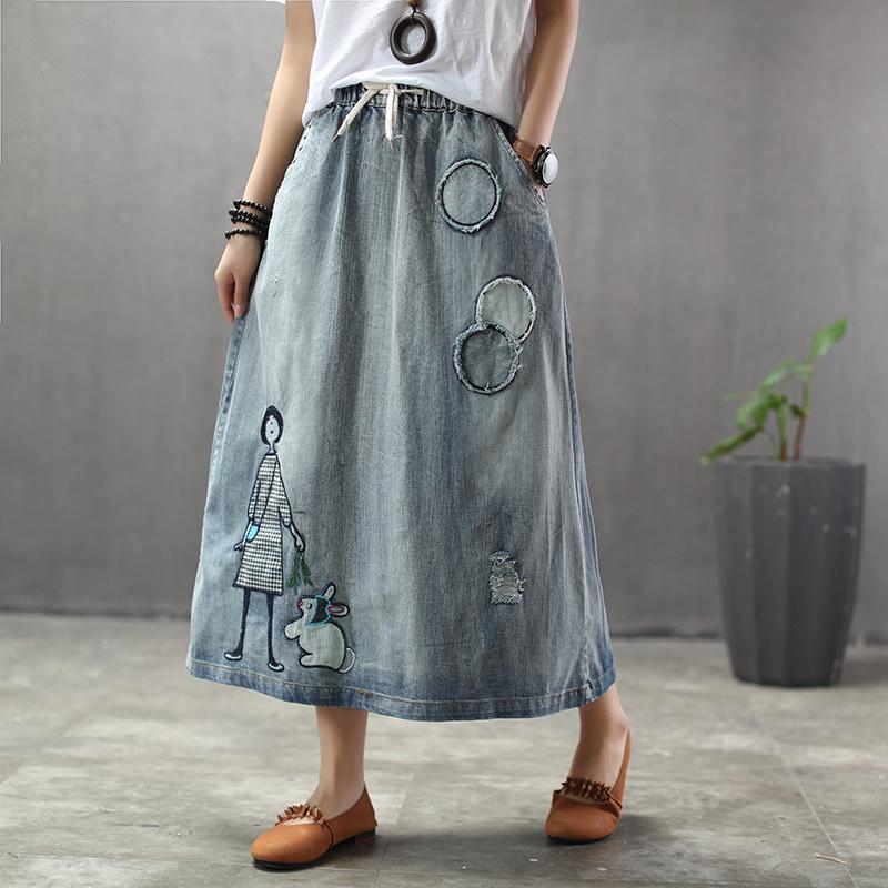 BABAKUD Summer Thin Cartoon Embroidered Patch Swing Denim Skirt 2019 August New L Light Blue A 