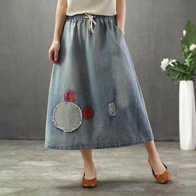 BABAKUD Summer Thin Cartoon Embroidered Patch Swing Denim Skirt 2019 August New L Light Blue B 