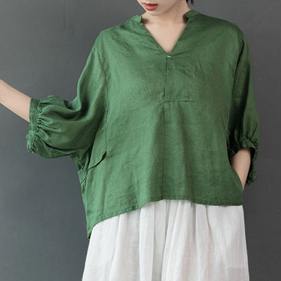 Babakud V-Neck Solid Gathered Half Sleeve Linen Blouse 2019 July New One Size Green 