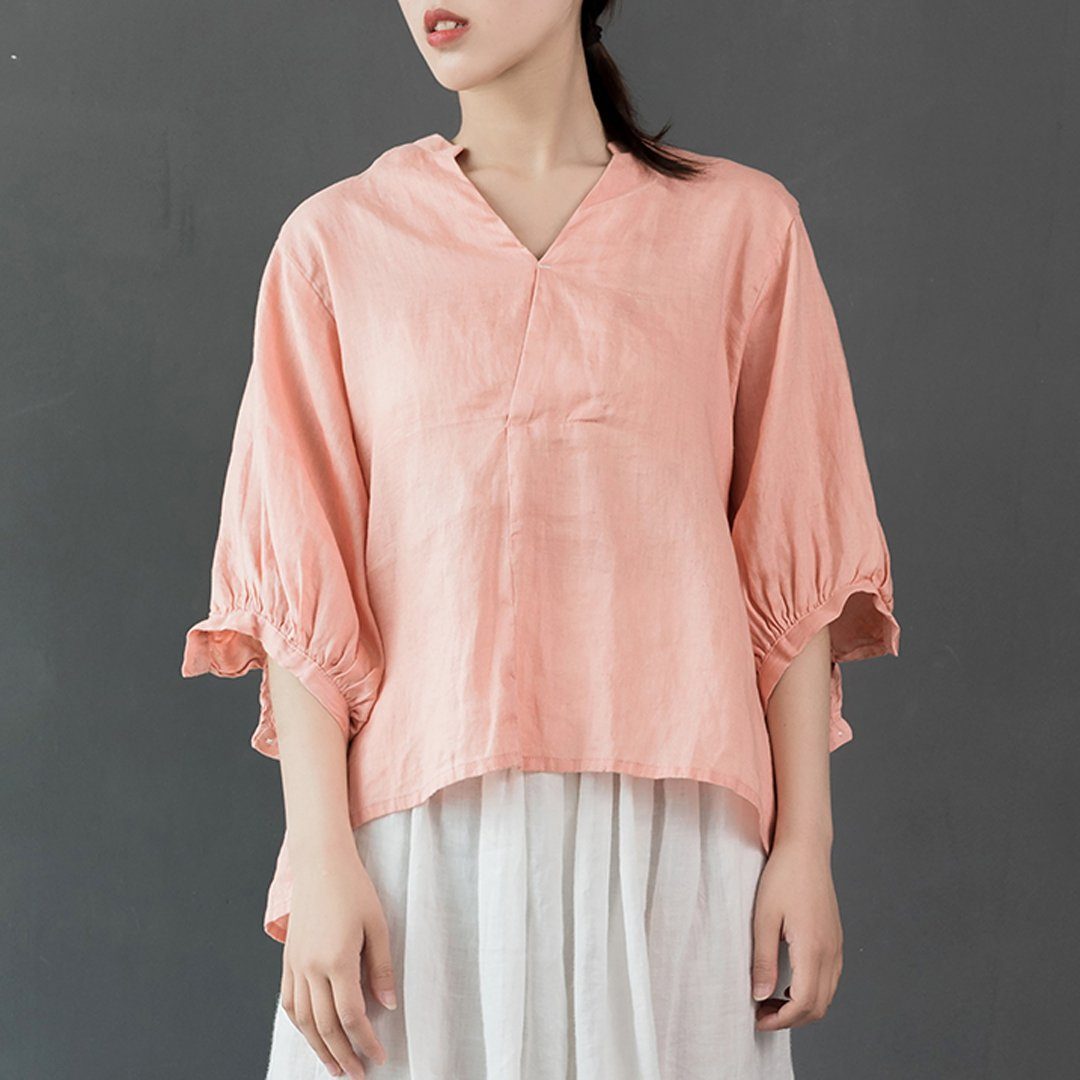 Babakud V-Neck Solid Gathered Half Sleeve Linen Blouse 2019 July New One Size Pink 