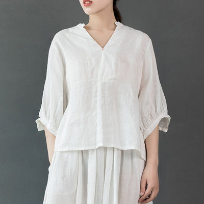 Babakud V-Neck Solid Gathered Half Sleeve Linen Blouse 2019 July New One Size White 