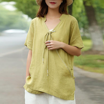 Babakud V-Neck Solid Vintage Linen Belt Front Blouse 2019 Jun New One Size Yellow 