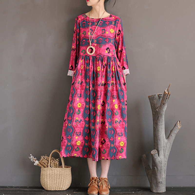 Babakud Vintage Cotton Linen Loose Printed Long Sleeve Dress