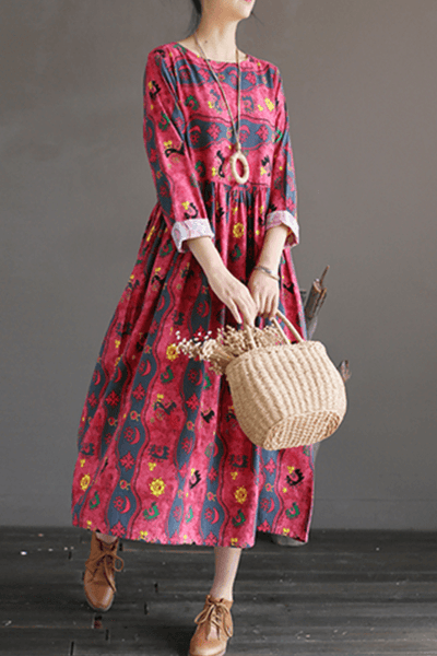 Babakud Vintage Cotton Linen Loose Printed Long Sleeve Dress