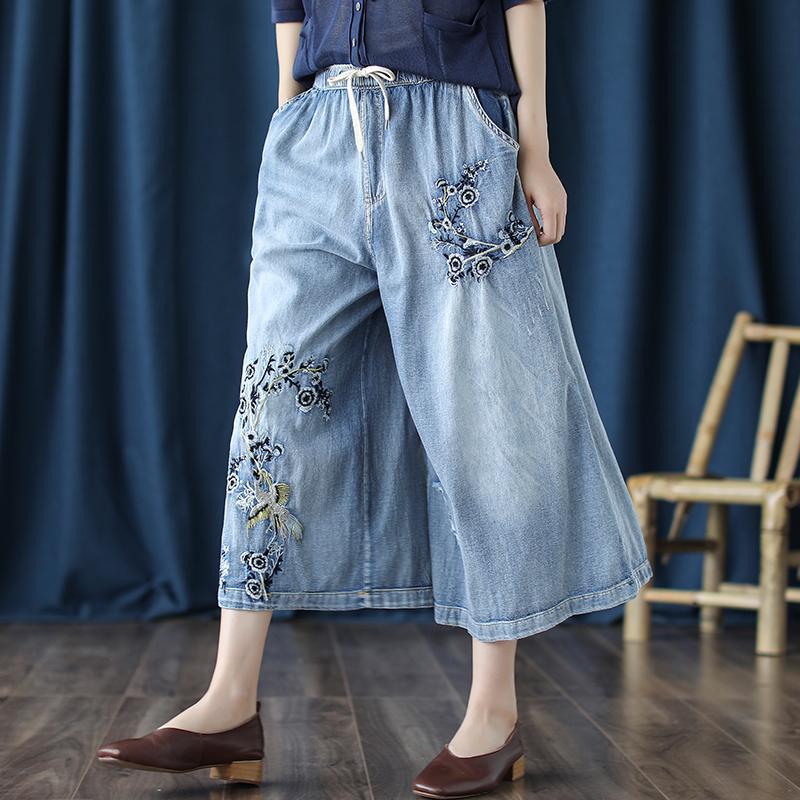 BABAKUD Vintage Embroidery Loose Washed Wide Leg Pants 2019 August New L Blue 