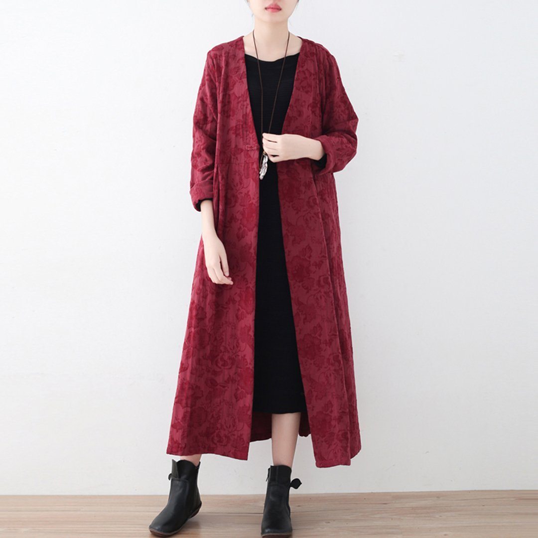 Babakud Vintage Jacquard Linen V-Neck Long Coat 2019 November New One Size Wine Red Plush 