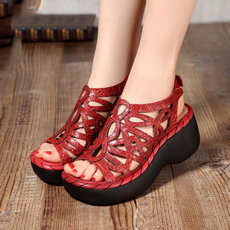 Babakud Vintage Leather Wedges Soft-bottomed Comfortable Sandals 2019 July New 34 Red 