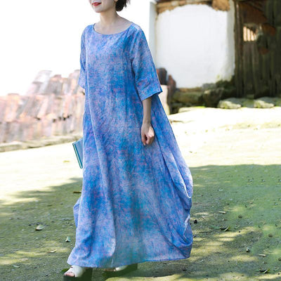 Babakud Vintage Printed Cocoon Casual Loose Linen Dress 2019 Jun New One Size Blue 