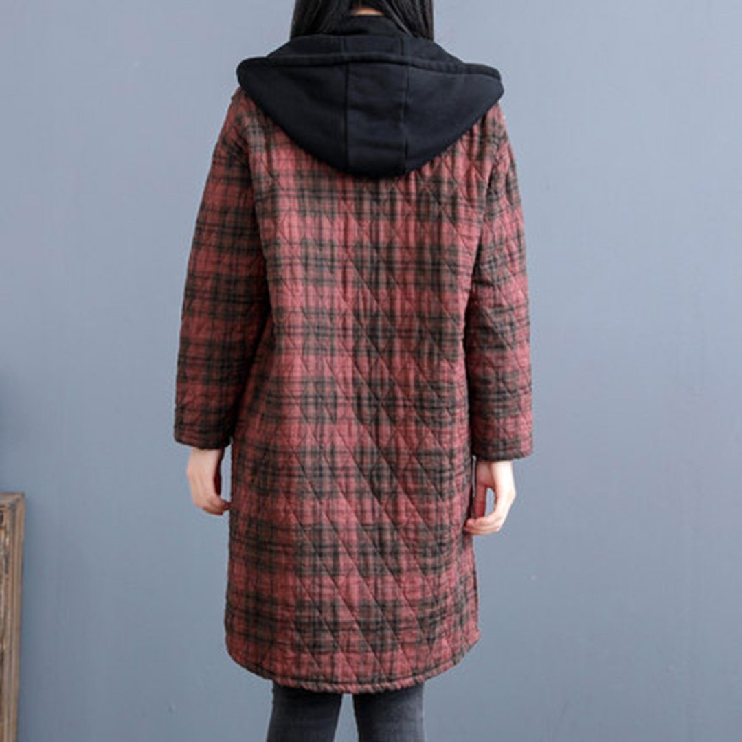 Babakud Vintage Rhombus Sewing Plaid Hooded Winter Coat