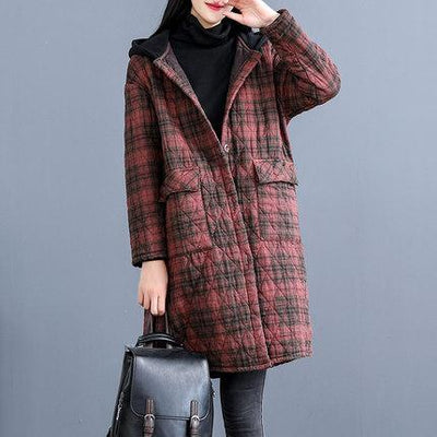 Babakud Vintage Rhombus Sewing Plaid Hooded Winter Coat 2019 October New One Size Dark Red 