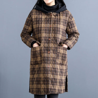 Babakud Vintage Rhombus Sewing Plaid Hooded Winter Coat
