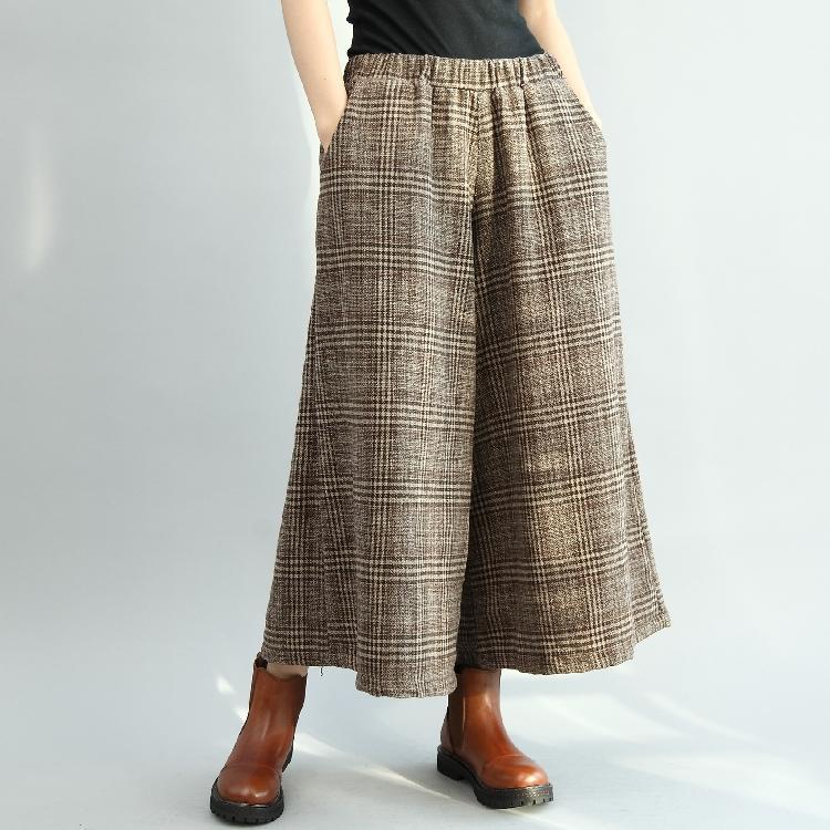 BABAKUD Winter Vintage Loose Plaid Cotton Linen Wide Leg Pants 2019 August New One Size Coffee 