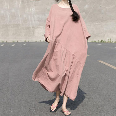Babakud Women Asymmetrical Gathered Solid Loose Casual Maxi Dress 2019 April New One Size Pink 