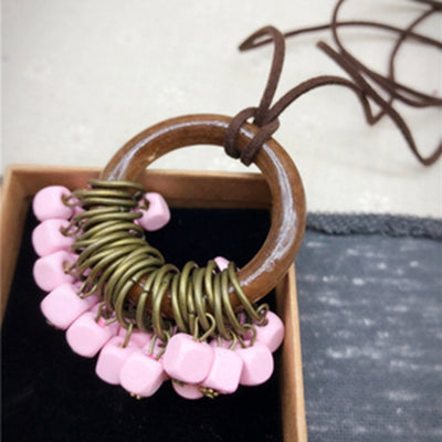 Babakud Wooden Circle Retro Beads Necklace For Women ACCESSORIES One Size Pink 