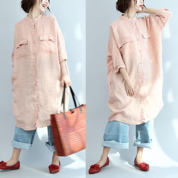 Big Pocket Loose Casual Pink Linen Shirt Dress