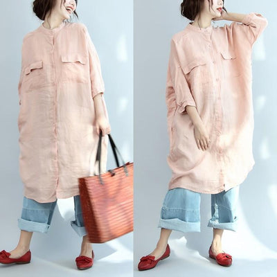 Big Pocket Loose Casual Pink Linen Shirt Dress - Babakud