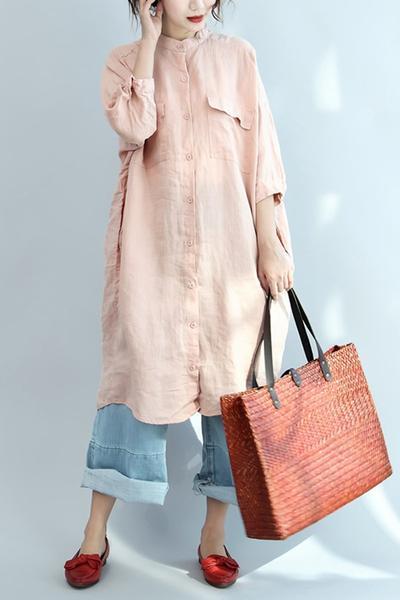 Big Pocket Loose Casual Pink Linen Shirt Dress - Babakud