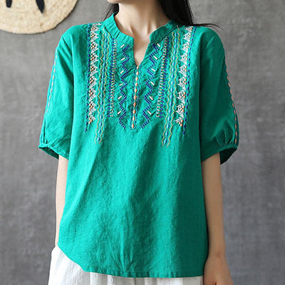 Blouse Women Loose V-Neck Cotton Linen T-Shirt May 2021 New-Arrival M Green 