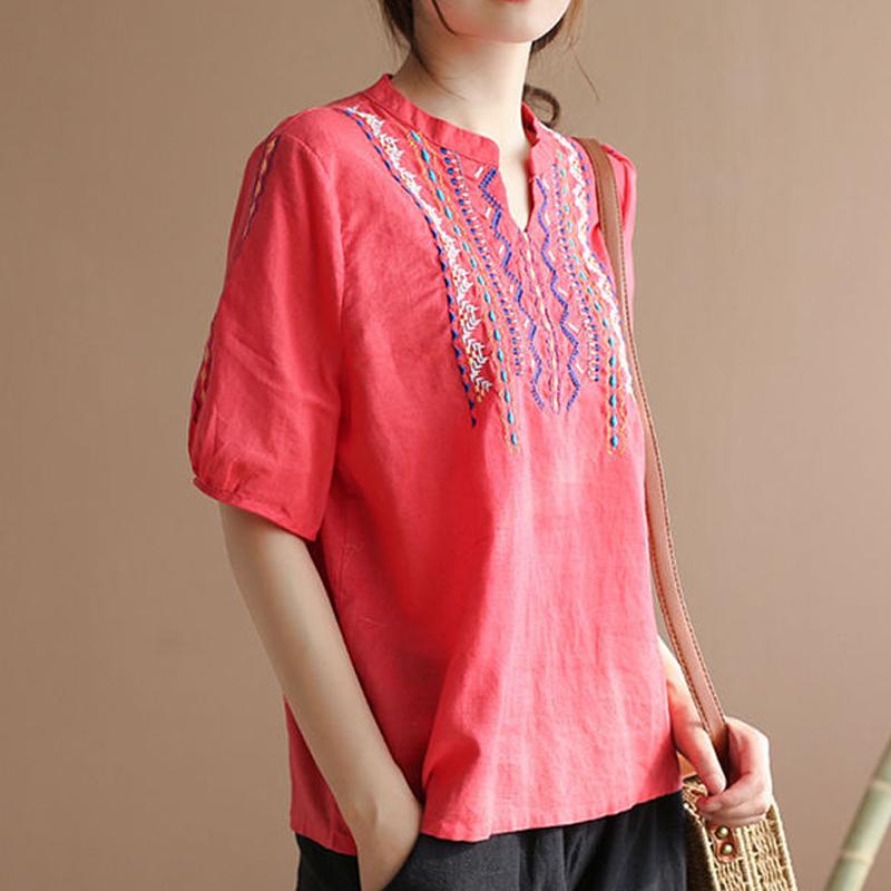 Blouse Women Loose V-Neck Cotton Linen T-Shirt May 2021 New-Arrival M Red 