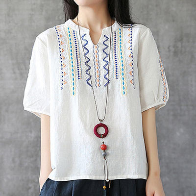 Blouse Women Loose V-Neck Cotton Linen T-Shirt May 2021 New-Arrival M White 