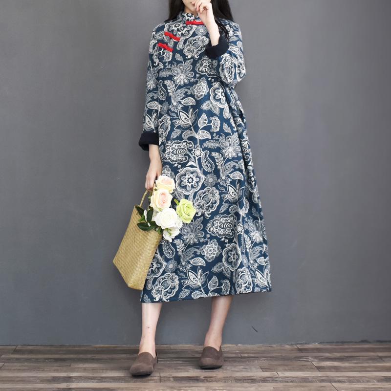 Blue Ethnic Style Vintage Thick Dress - Babakud
