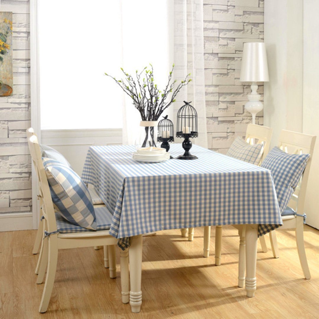 Blue Plaid Cotton Linen Tea Plaid Rural Rectangular Tablecloth Home Linen 90*90cm Blue 