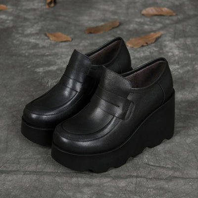 British Style Leather High Wedge Shoes 2019 New December 35 Black 