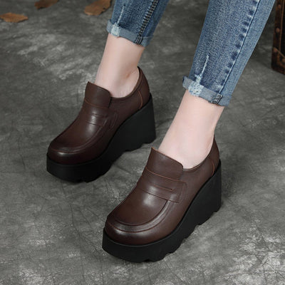 British Style Leather High Wedge Shoes