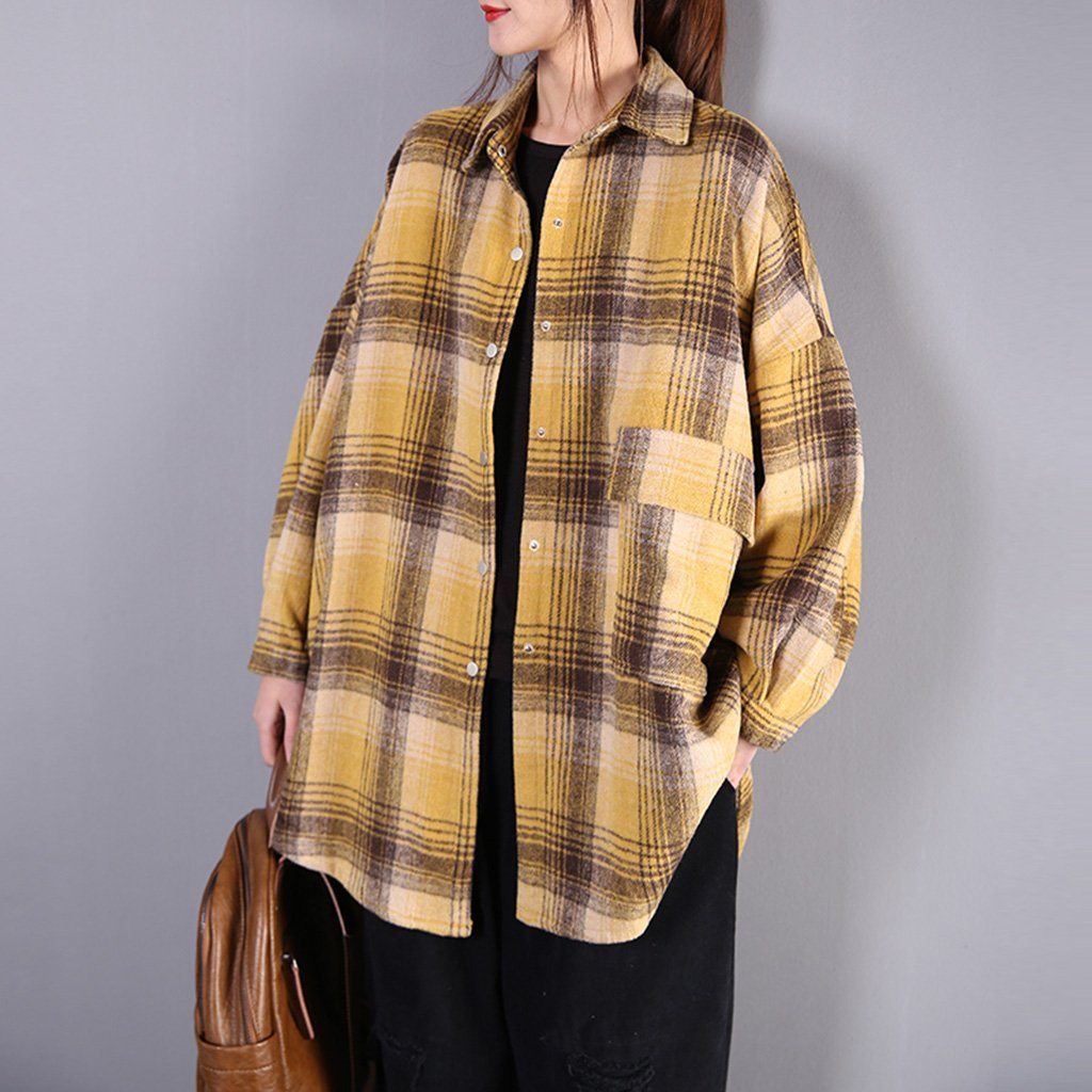 Brushed Long Sleeve Plaid Shirt 2019 New December One Size Yellow 