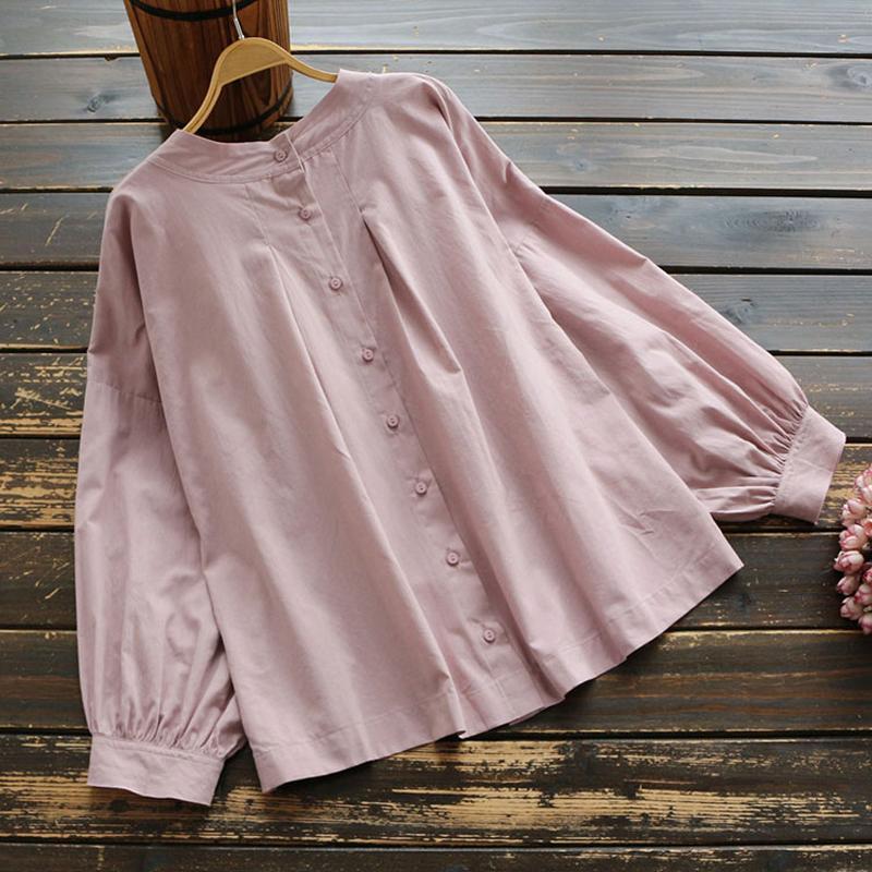 Buttoned Gathered Loose Casual Blouse 2019 April New One Size Light Purple 